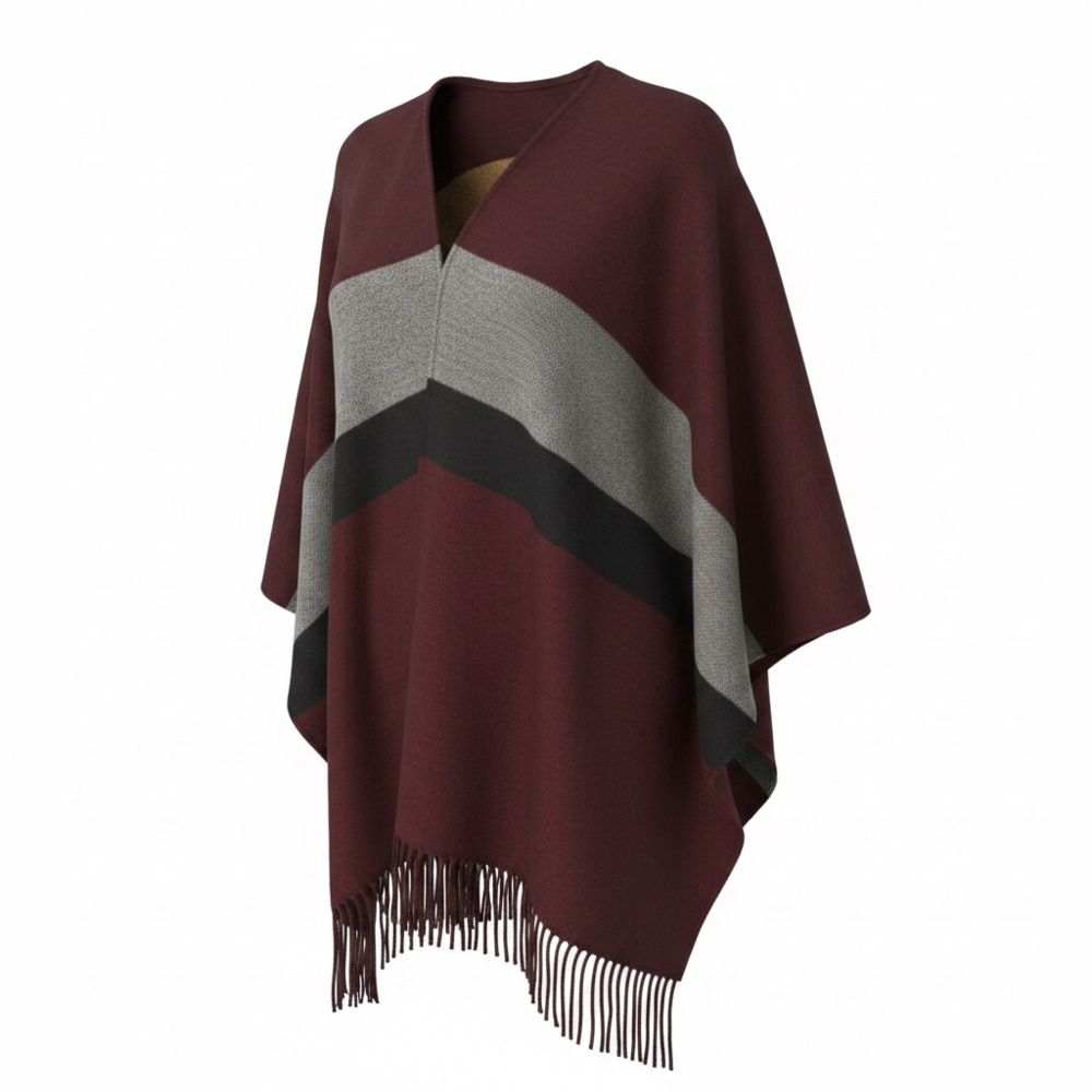 Women's Striped Open Front Poncho Wrap with Fringe